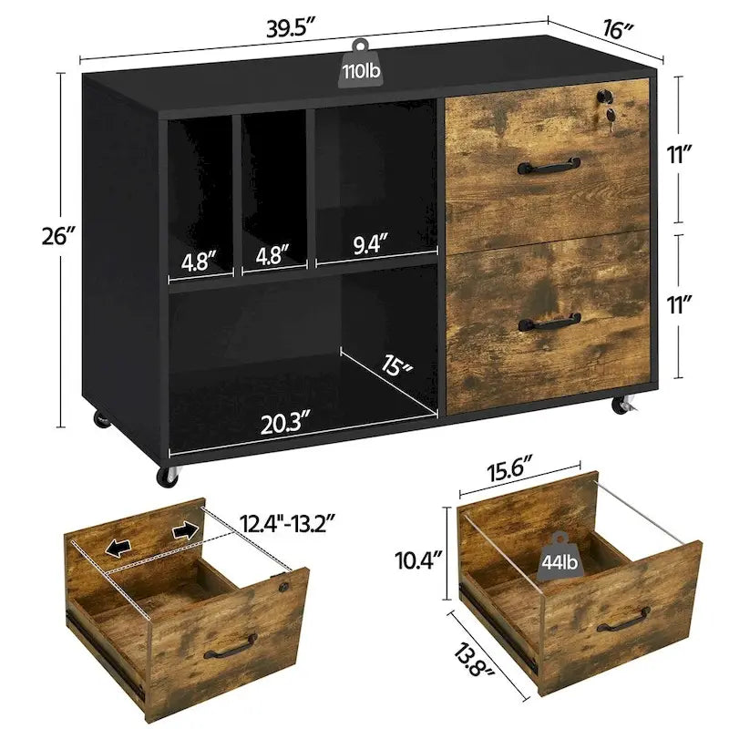 Rolling File Cabinet with 2 Drawers and 2 Open Shelves