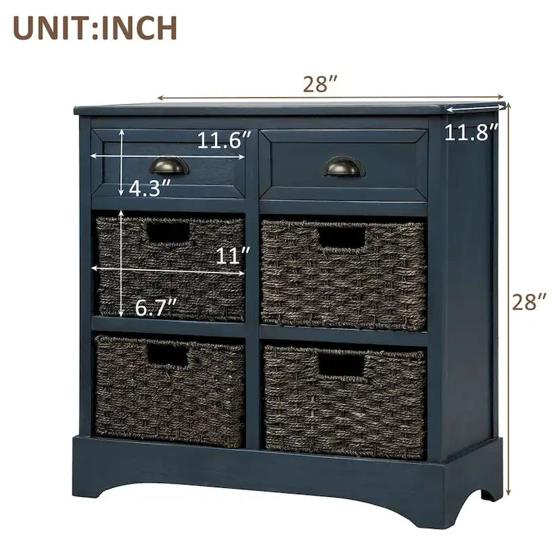 Rustic Storage Cabinet with Two Drawers and Four Classic Rattan Basket for Dining Room/Entryway/Living Room (Antique Navy)