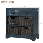 Rustic Storage Cabinet with Two Drawers and Four Classic Rattan Basket for Dining Room/Entryway/Living Room (Antique Navy)