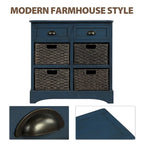 Rustic Storage Cabinet with Two Drawers and Four Classic Rattan Basket for Dining Room/Entryway/Living Room (Antique Navy)