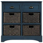 Rustic Storage Cabinet with Two Drawers and Four Classic Rattan Basket for Dining Room/Entryway/Living Room (Antique Navy)