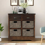 Rustic Storage Cabinet with Two Drawers and Four Classic Rattan Basket for Dining Room/Entryway/Living Room (Antique Navy)