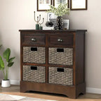Rustic Storage Cabinet with Two Drawers and Four Classic Rattan Basket for Dining Room/Entryway/Living Room (Antique Navy)