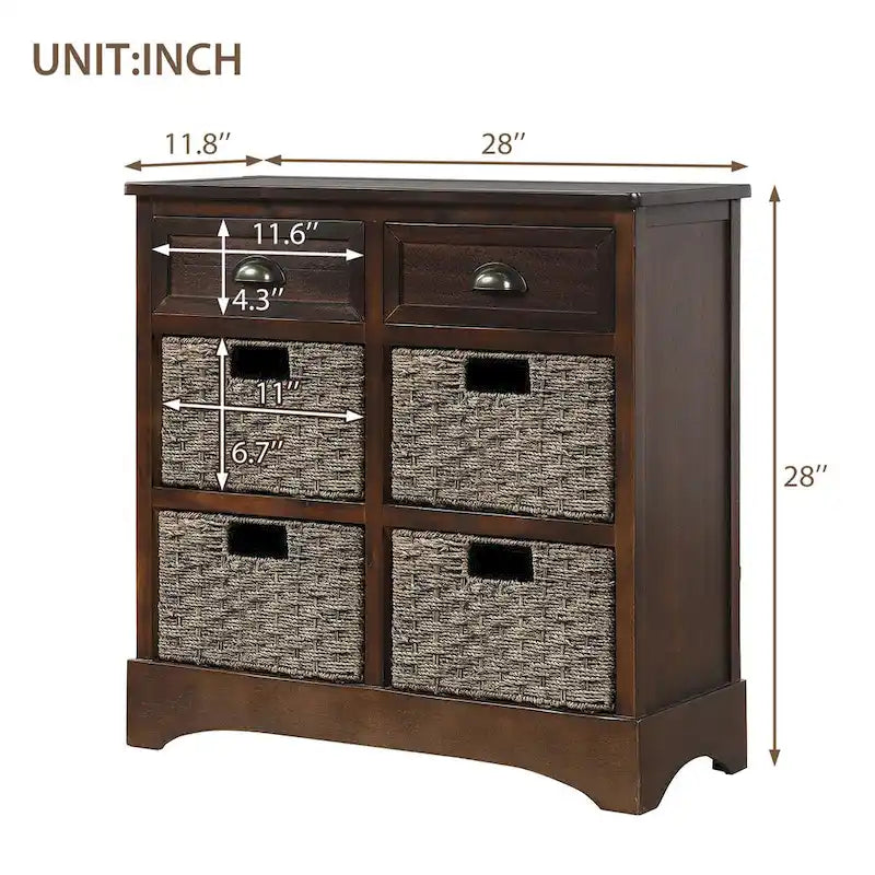 Rustic Storage Cabinet with Two Drawers and Four Classic Rattan Basket for Dining Room/Entryway/Living Room (Antique Navy)