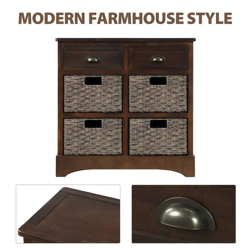 Rustic Storage Cabinet with Two Drawers and Four Classic Rattan Basket for Dining Room/Entryway/Living Room (Antique Navy)