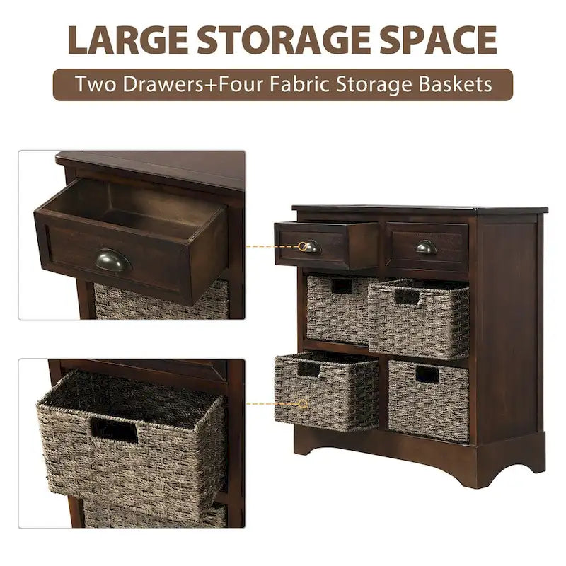 Rustic Storage Cabinet with Two Drawers and Four Classic Rattan Basket for Dining Room/Entryway/Living Room (Antique Navy)