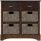Rustic Storage Cabinet with Two Drawers and Four Classic Rattan Basket for Dining Room/Entryway/Living Room (Antique Navy)