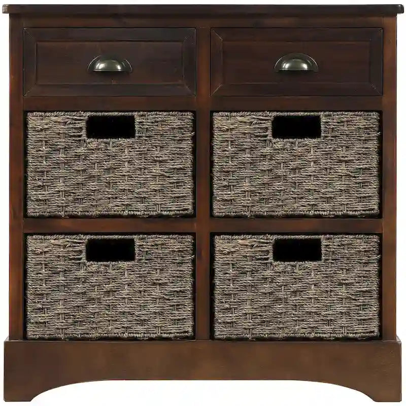 Rustic Storage Cabinet with Two Drawers and Four Classic Rattan Basket for Dining Room/Entryway/Living Room (Antique Navy)