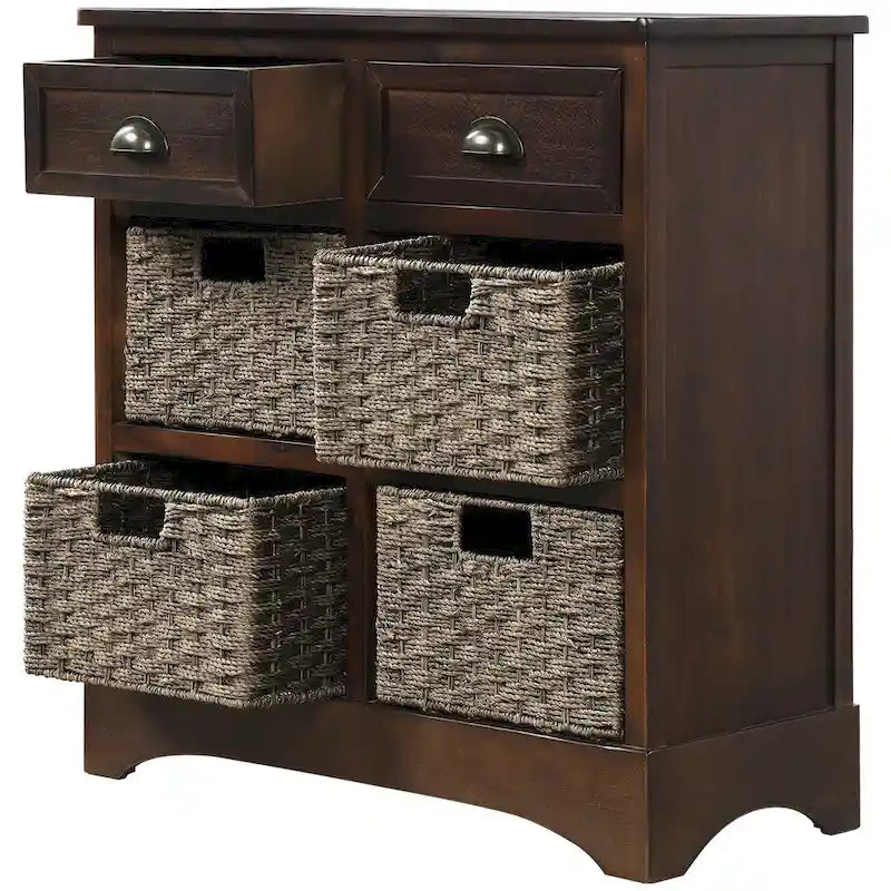 Rustic Storage Cabinet with Two Drawers and Four Classic Rattan Basket for Dining Room/Entryway/Living Room (Antique Navy)