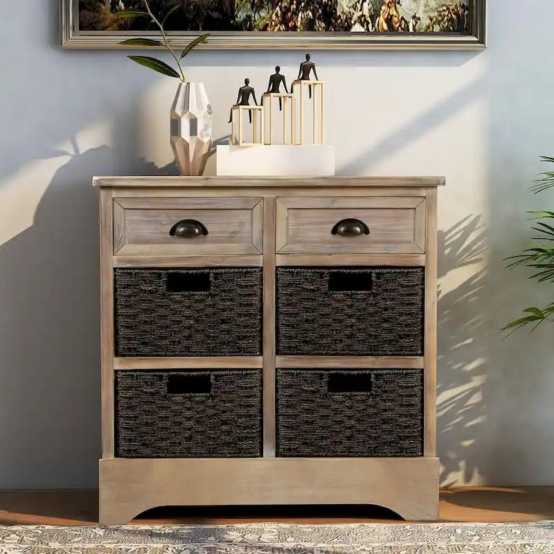 Rustic Storage Cabinet with Two Drawers and Four Classic Rattan Basket for Dining Room/Entryway/Living Room (Antique Navy)