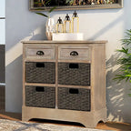 Rustic Storage Cabinet with Two Drawers and Four Classic Rattan Basket for Dining Room/Entryway/Living Room (Antique Navy)