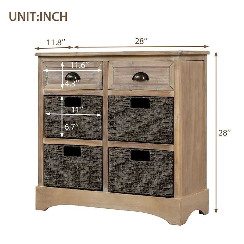 Rustic Storage Cabinet with Two Drawers and Four Classic Rattan Basket for Dining Room/Entryway/Living Room (Antique Navy)