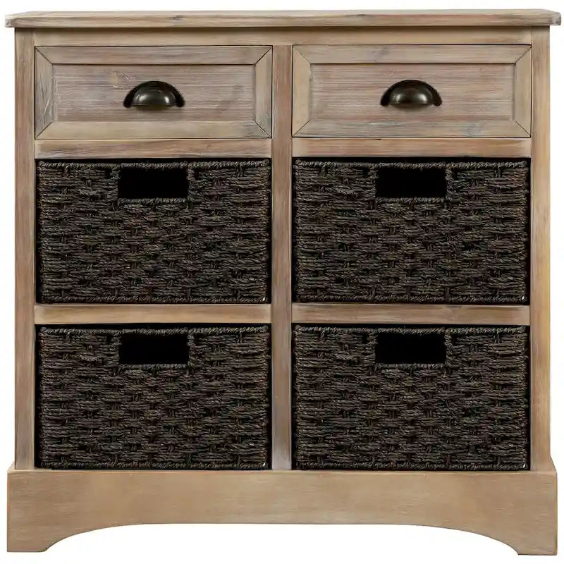 Rustic Storage Cabinet with Two Drawers and Four Classic Rattan Basket for Dining Room/Entryway/Living Room (Antique Navy)
