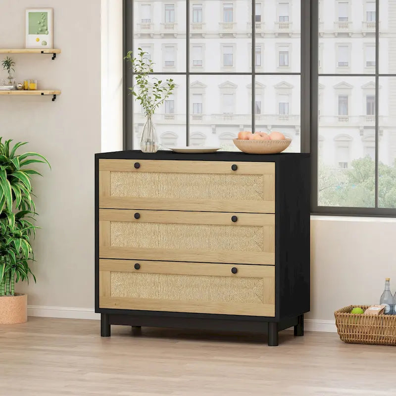 30.313-Drawers Storage Cabinet Rope Woven Drawer,for Bedroom,Living Room,Dining Room,Hallways,Black