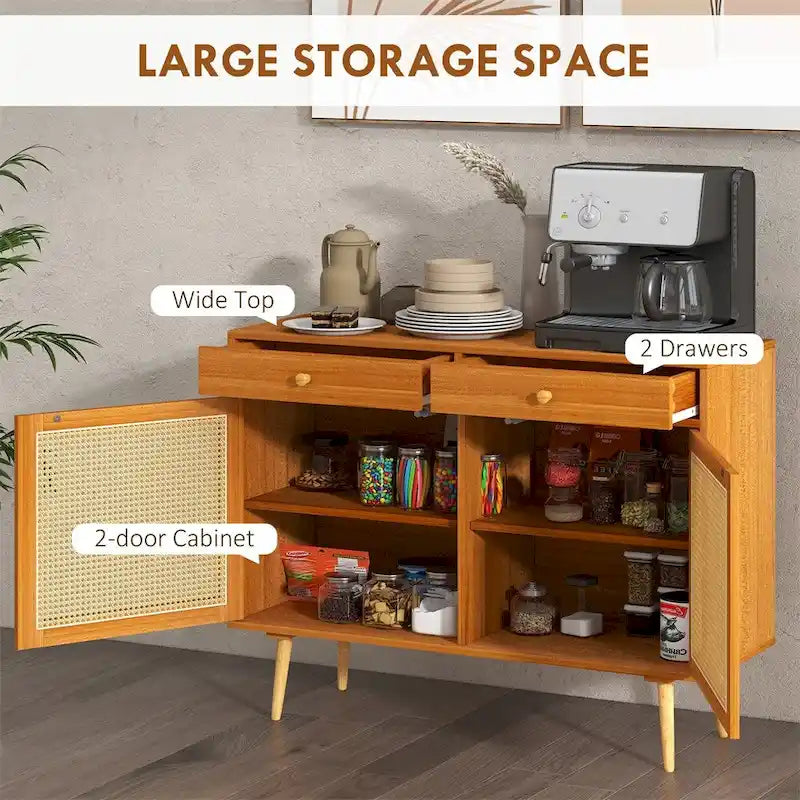 Rattan Doors Kitchen Cabinet with 2 Drawers and Adjustable Shelf - N/A