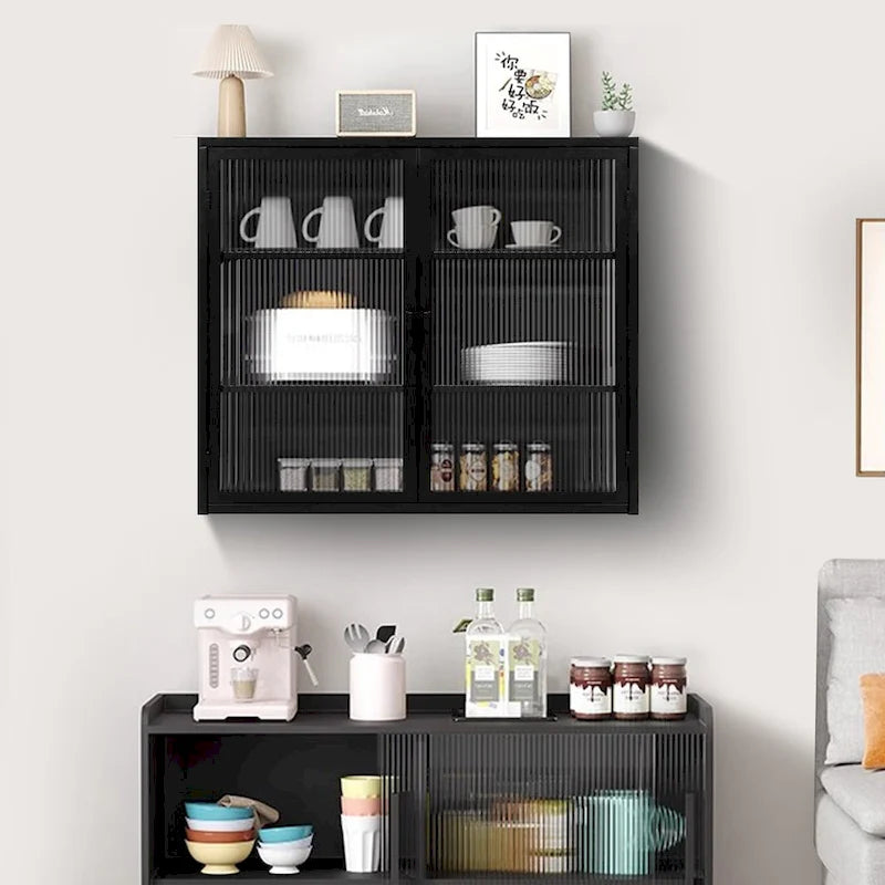 27.56Glass Doors Modern Two-door Wall Cabinet with Featuring Three-tier Storage for Entryway Living Room Bathroom Dining Room