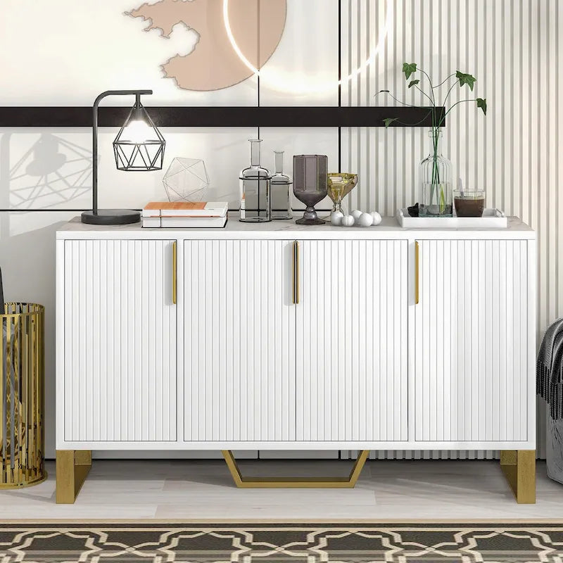 Kitchen Sideboard Cabinet with 4 Doors, Meta handles, Legs and Adjustable Shelves - 60L x 15.7W x 34H