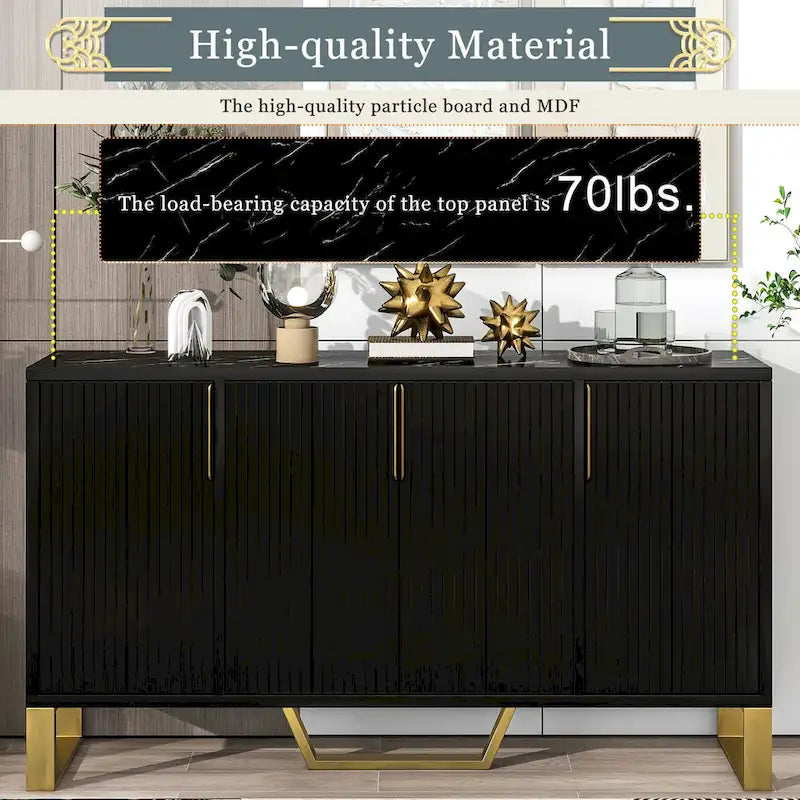 Kitchen Sideboard Cabinet with 4 Doors, Meta handles, Legs and Adjustable Shelves - 60L x 15.7W x 34H