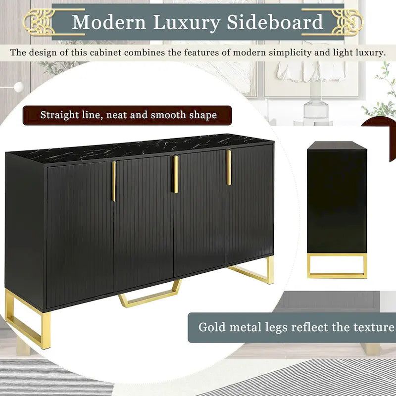 Kitchen Sideboard Cabinet with 4 Doors, Meta handles, Legs and Adjustable Shelves - 60L x 15.7W x 34H