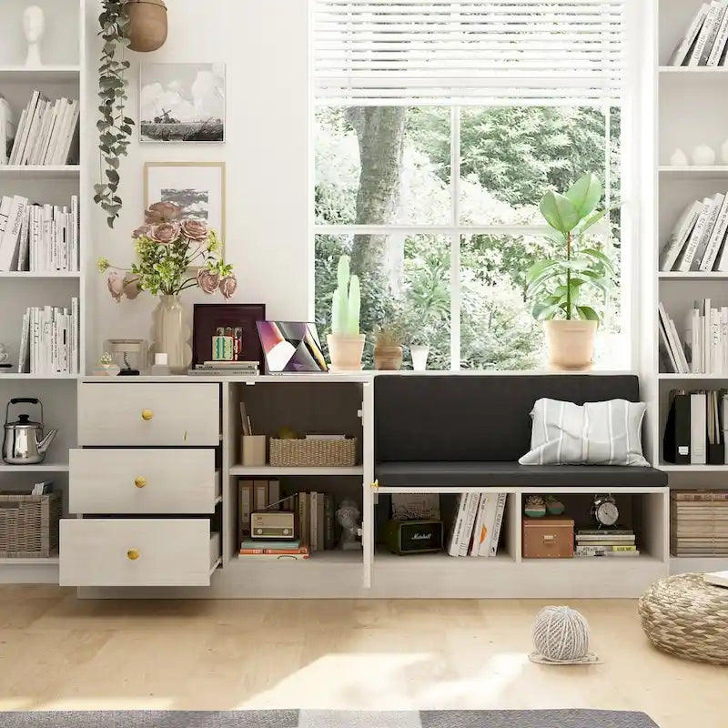 Modern White Shoe Storage Bench with Black Cushion and Adjustable Rack