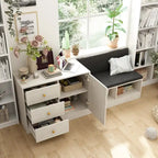 Modern White Shoe Storage Bench with Black Cushion and Adjustable Rack