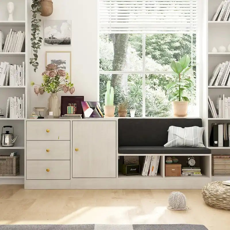 Modern White Shoe Storage Bench with Black Cushion and Adjustable Rack