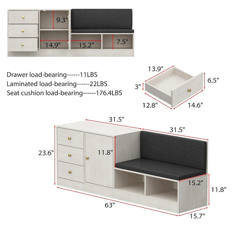 Modern White Shoe Storage Bench with Black Cushion and Adjustable Rack