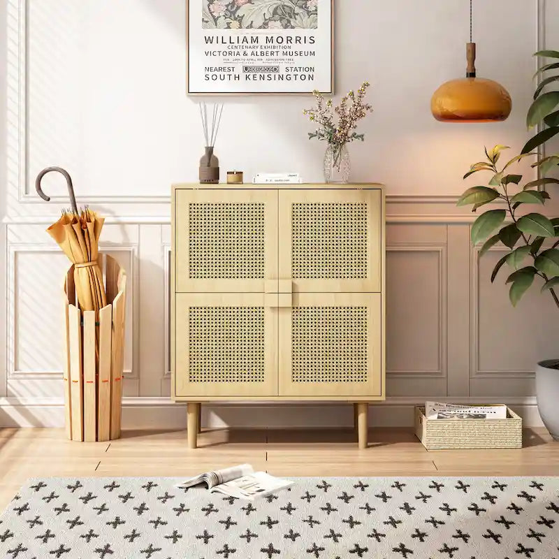 4-Doors Rattan Mesh Storage Cabinet, Sideboard with Eight Storage Spaces, for Entryway, Living Room, Hallway (Natural)