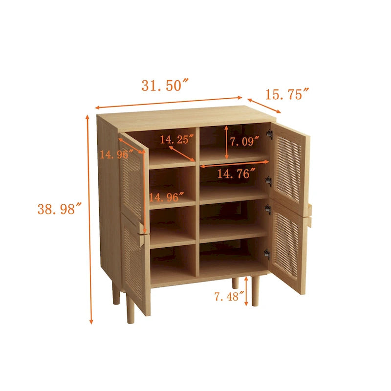 4-Doors Rattan Mesh Storage Cabinet, Sideboard with Eight Storage Spaces, for Entryway, Living Room, Hallway (Natural)